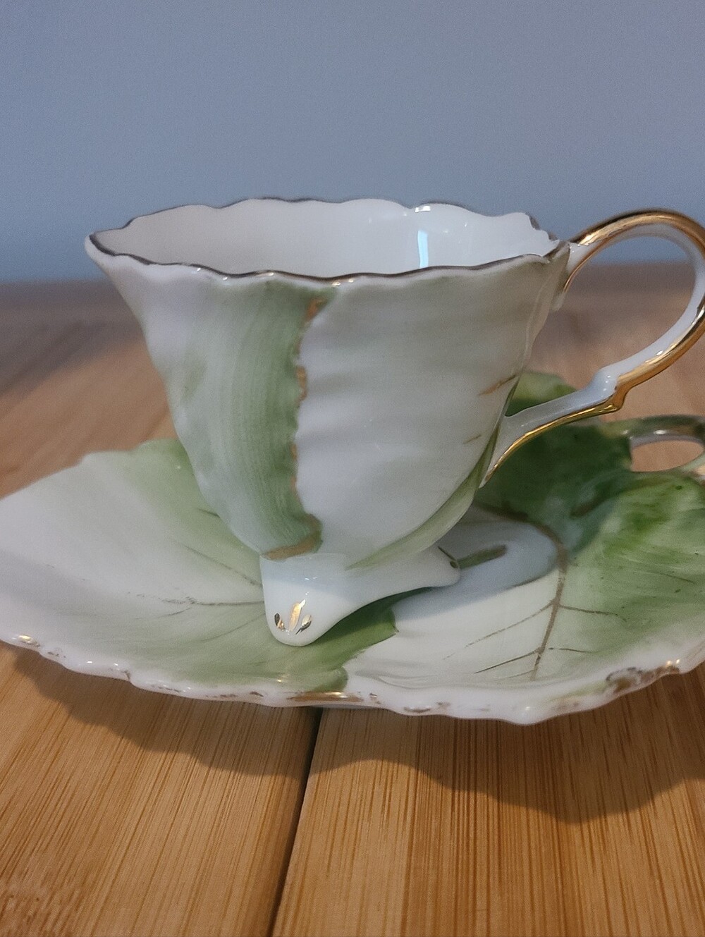 Vintage Leaf Teacup Saucer Set Japanese Gold Green